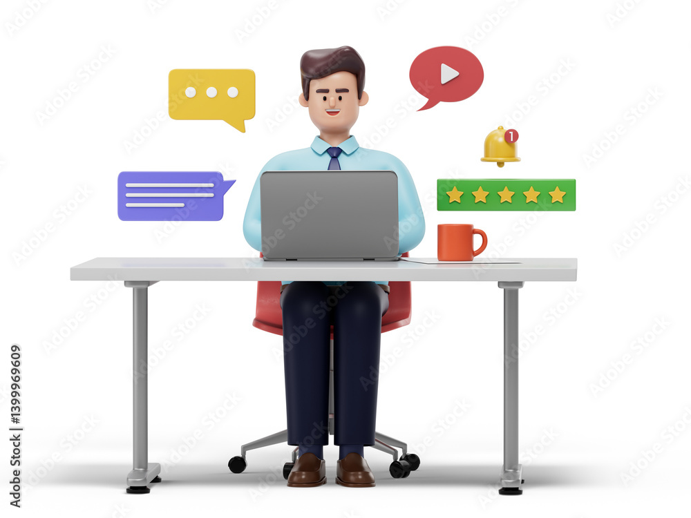 A man at a desk with a laptop, surrounded by communication icons, symbolizing digital interaction. 3D rendering, conceptual image. Isolated on white background. A man at a desk with a laptop, surrounded by communication icons, symbolizing digital interaction. 3D rendering, conceptual image. Isolated on white background.
