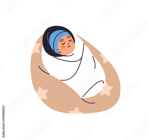 Cute asleep baby in blue hat lying on pillow. Adorable newborn is wrapped swaddling clothes, sleeps. Happy infant, kid in diapers has a rest, naps in bed. Flat isolated vector illustration on white