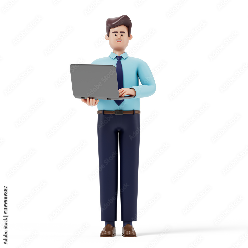 A man holds a laptop, standing confidently, symbolizing professionalism and technology use. 3D rendering, conceptual image. Isolated on white background. A man holds a laptop, standing confidently, symbolizing professionalism and technology use. 3D rendering, conceptual image. Isolated on white background.