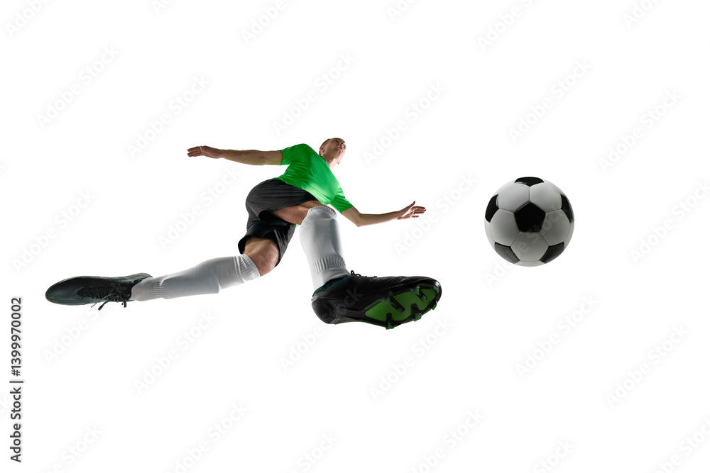 Low angle of football striker, dressed black and green sport uniform, shooting goal with full force in motion against white studio background. Concept of professional sport, training, tournament. Ad
