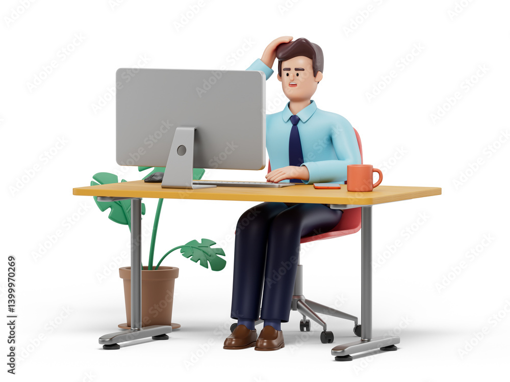 A man sits at a desk, hand on head, looking at a computer, symbolizing contemplation or a break. 3D rendering, conceptual image. Isolated on white background. A man sits at a desk, hand on head, looking at a computer, symbolizing contemplation or a break. 3D rendering, conceptual image. Isolated on white background.