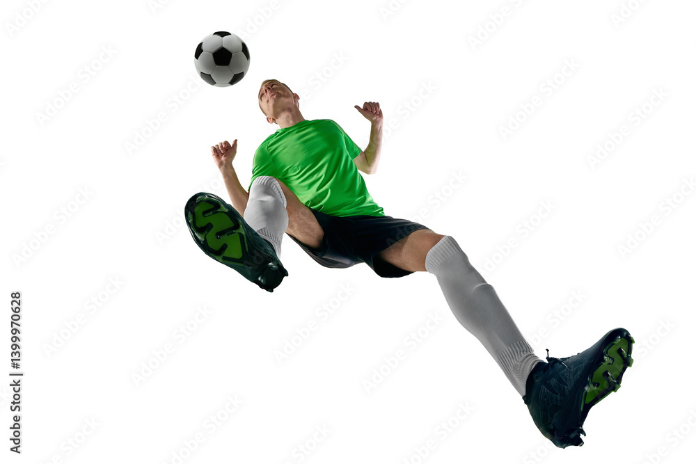 Low angle of male athlete, dressed sport uniform, soccer player jumping in motion to header against white studio background. Concept of professional sport, training, tournament, energy. Ad