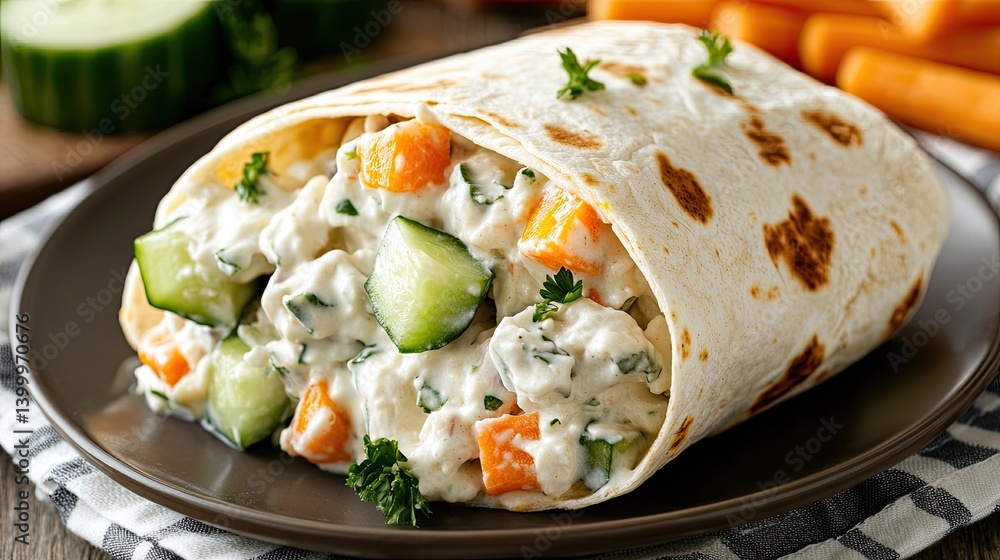 Close view of a chicken salad wrap with chopped vegetables served alongside carrots and cucumber, showcasing fresh ingredients and colors Close view of a chicken salad wrap with chopped vegetables served alongside carrots and cucumber, showcasing fresh ingredients and colors