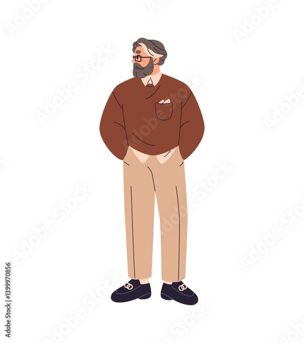Adult man with gray hair turns head and looks aside. Bearded person in glasses with grey mustache stands. Stylish aged professor, teacher. Flat isolated vector illustration on white background