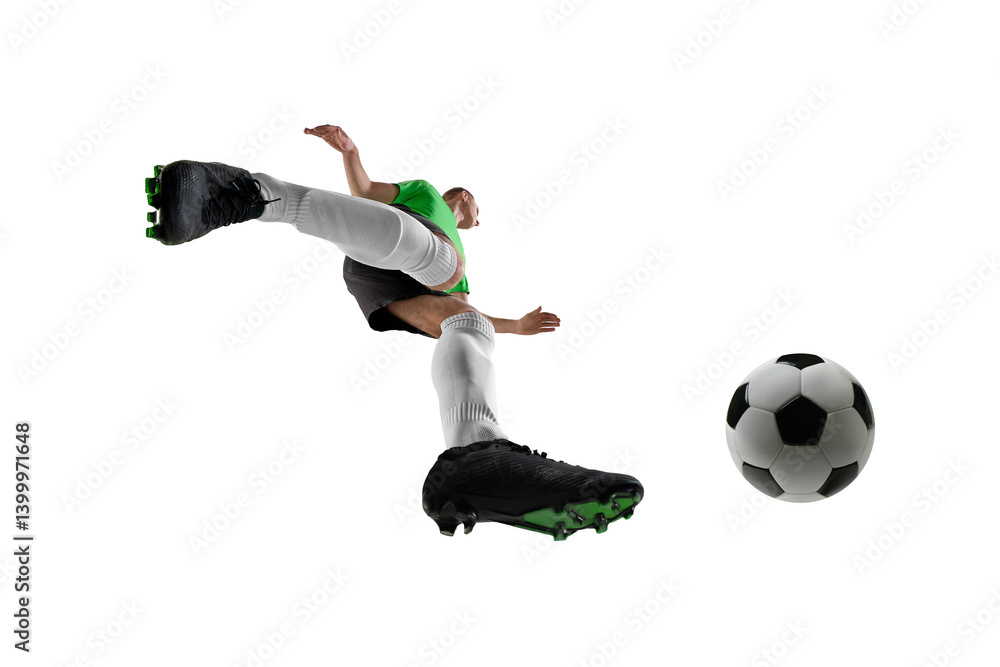 Low angle of powerful man, dressed sport uniform, soccer player turning mid-air for volley against white studio background. Concept of professional sport, training, tournament, energy. Ad