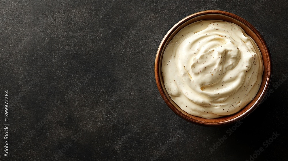 Creamy White Sauce in a Brown Bowl on Dark Background Creamy White Sauce in a Brown Bowl on Dark Background