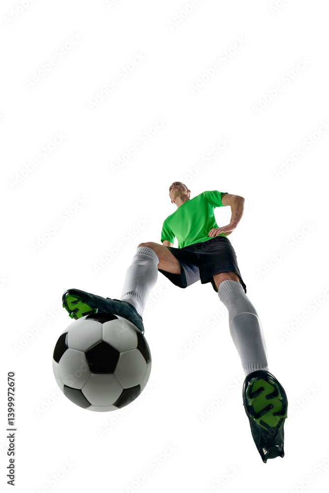 Low angle of skilled man, dressed sport uniform, soccer player preparing long pass in motion against white studio background. Concept of professional sport, training, tournament, energy. Ad