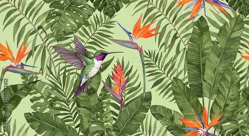Fototapeta Naklejka Na Ścianę i Meble -  Vibrant Hummingbird Amidst Lush Tropical Flora AI Generated
