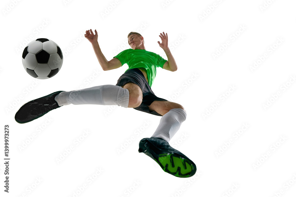 Low angle of athletic man, dressed sport uniform, soccer player raising foot for stop ball in motion against white studio background. Concept of professional sport, training, tournament, energy. Ad
