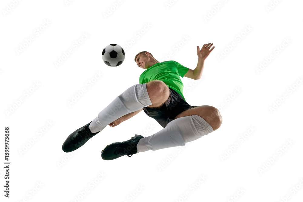 Low angle of strong young man, dressed sport black-green uniform, soccer player leaping for kick against white studio background. Concept of professional sport, training, tournament, energy. Ad