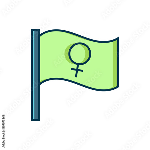 Filled Female movement, feminist activist with banner and placards icon isolated on white background. Feminist rights movement, feminism sisterhood. Flat filled outline style with shadow. Vector