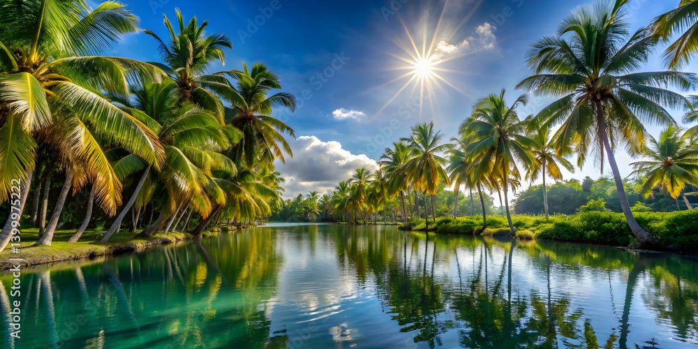 Obraz premium Coconut trees swaying over a sunlit tropical lagoon