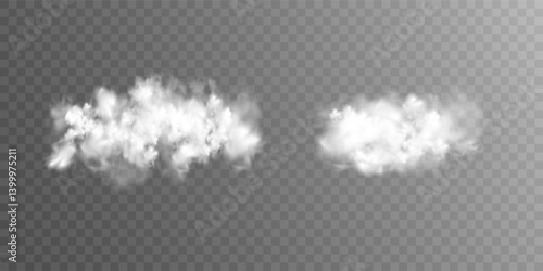 Abstract vector clouds, fog or smoke on an isolated transparent background. Dust cloud. Desert smoke. Sandstorm. 3D smog explosion. Cloud, smoke, png.