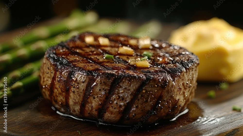 Delicious Grilled Steak With Asparagus And Mashed Potatoes On A Wooden Board. Perfect For A Restaurant Menu Or Food Blog. Delicious Grilled Steak With Asparagus And Mashed Potatoes On A Wooden Board. Perfect For A Restaurant Menu Or Food Blog.