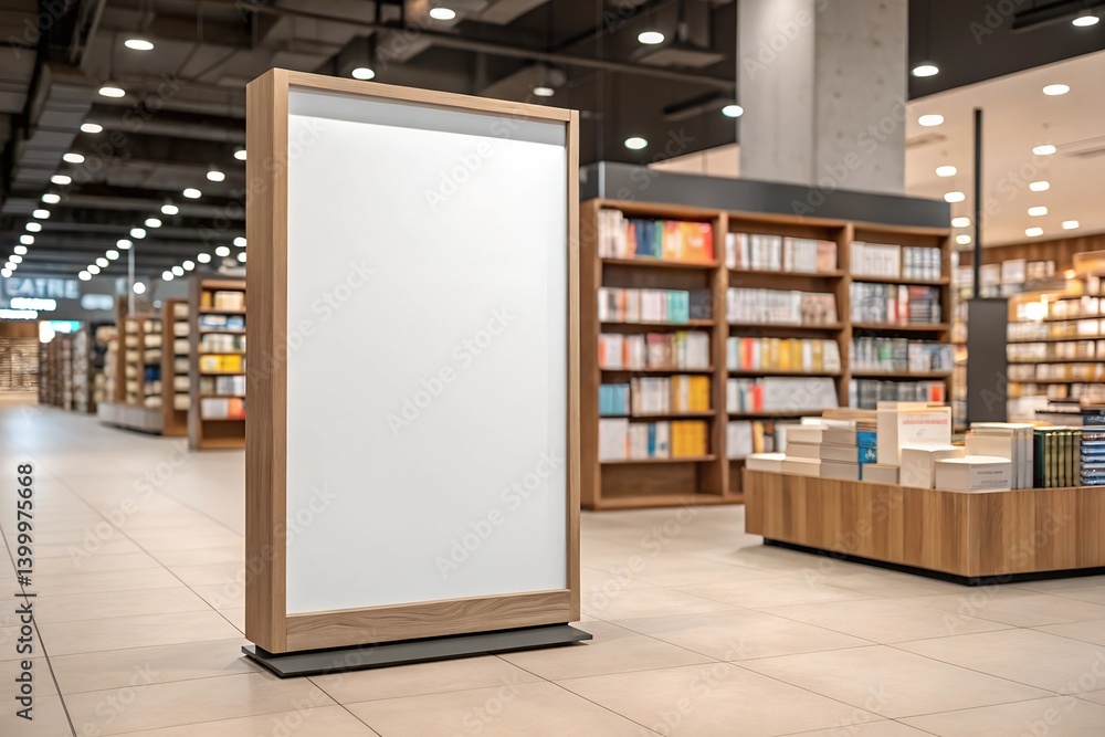 Vertical poster mockup with wooden frame in bright modern bookstore. Clean retail environment ideal for showcasing book promotions and advertising campaigns.