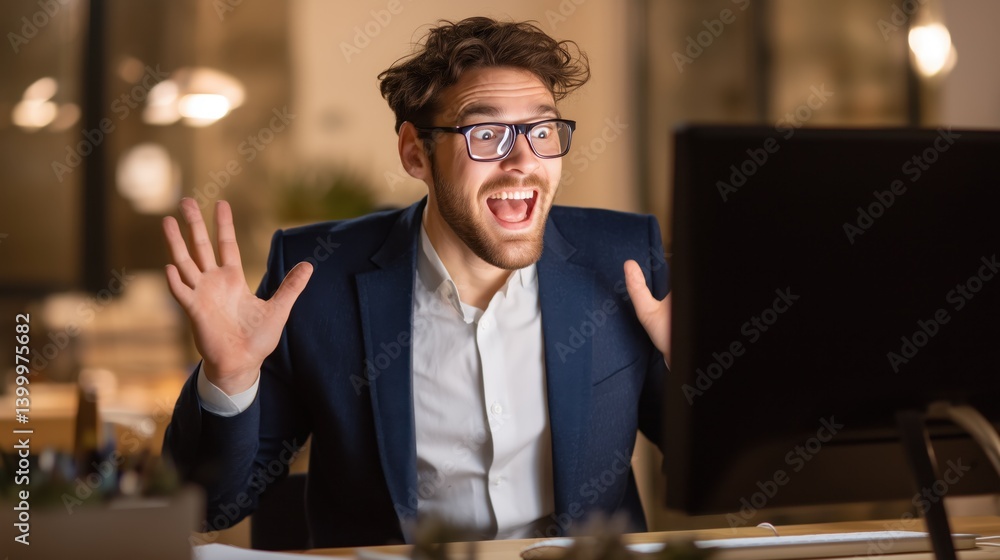 Fototapeta premium Businessman with Glasses Excited at Desktop in Night Office