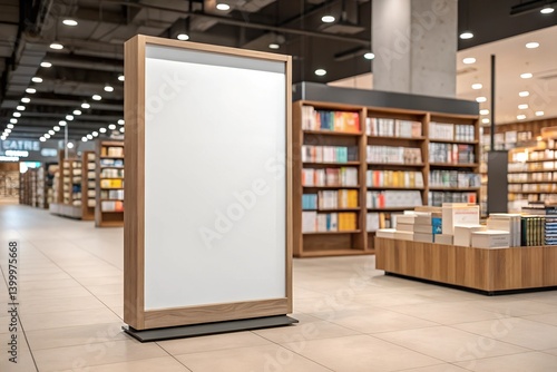 Obraz na płótnie Vertical poster mockup with wooden frame in bright modern bookstore. Clean retail environment ideal for showcasing book promotions and advertising campaigns. w salonie