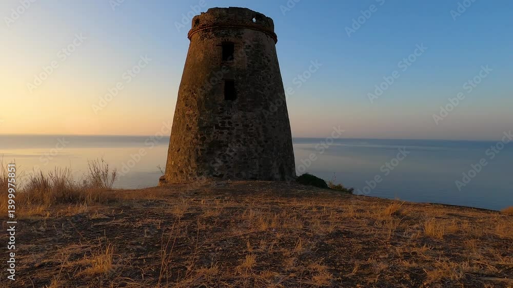 Sunrise over Mediterranean sea. Historic Torre, a watchtower looking out for any marauding pirates. La Herradura, Andulasia, Southern Spain Sunrise over Mediterranean sea. Historic Torre, a watchtower looking out for any marauding pirates. La Herradura, Andulasia, Southern Spain