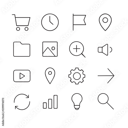 Web Icons Collection: A clean, modern collection of web icons for various applications, presenting a minimalist and intuitive design for seamless user interface.