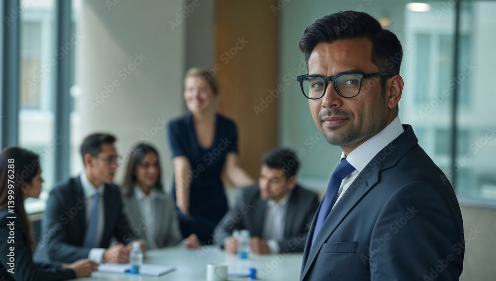 Portrait of confident Indian HR director standing in modern office with strong human resources team in background during professional meeting Portrait of confident Indian HR director standing in modern office with strong human resources team in background during professional meeting