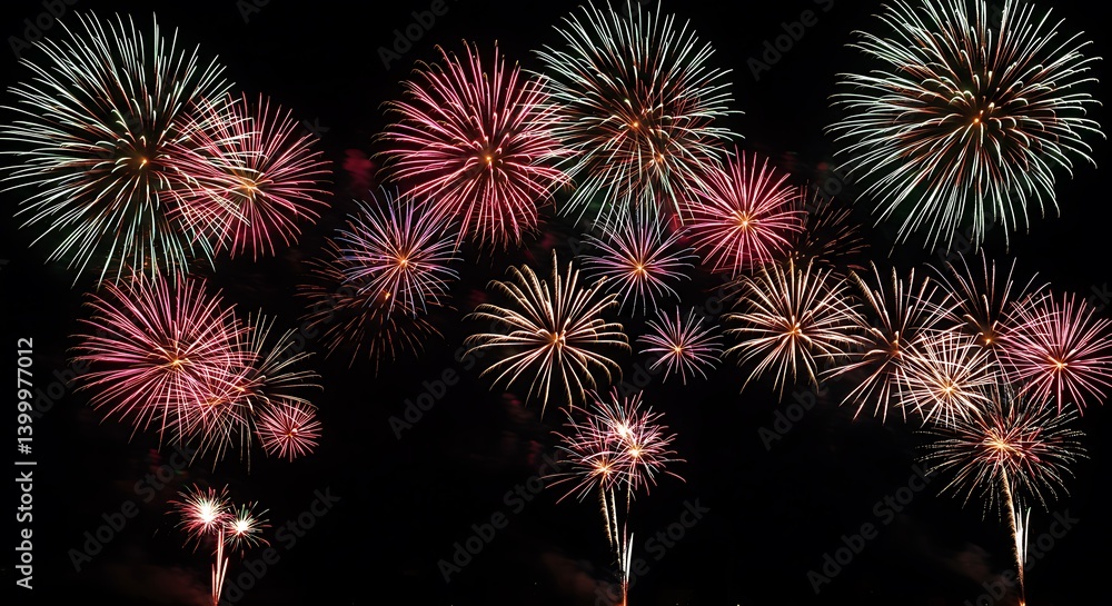 Fototapeta premium Night Bloom Ephemeral Symphony Celestial Dance Painted Darkness Starburst Serenade Fireworks Fantasia Nocturne of Light Transient Glory Cosmic Canvas Rainbow Explosions AI Generated