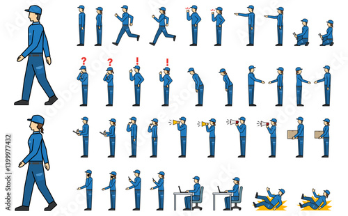 フラットイラスト：工場作業員サイドセットアウトライン