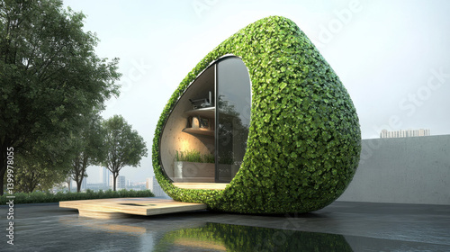 compact mobile eco home designed with unique green architecture, featuring teardrop shape covered lush foliage. This innovative structure blends nature with modern living, creating serene
