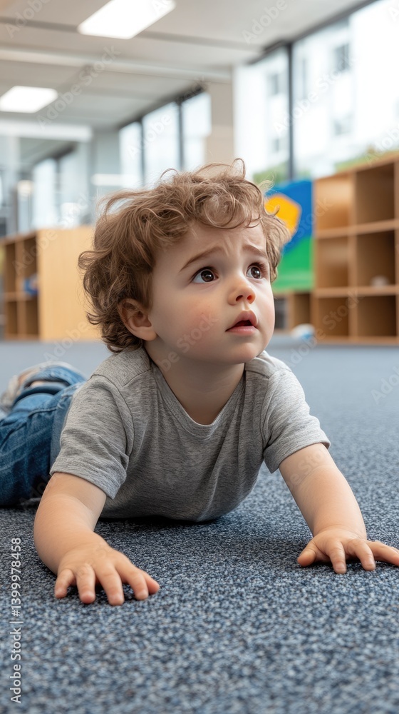 Fototapeta premium Curly-haired boy lies on the kindergarten floor, visibly upset and crying as he interacts with the colorful classroom around him