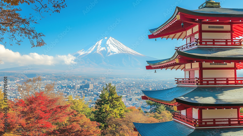 Traditional Japanese Pagoda amidst blooming cherry blossoms and Mount Fuji Traditional Japanese Pagoda amidst blooming cherry blossoms and Mount Fuji