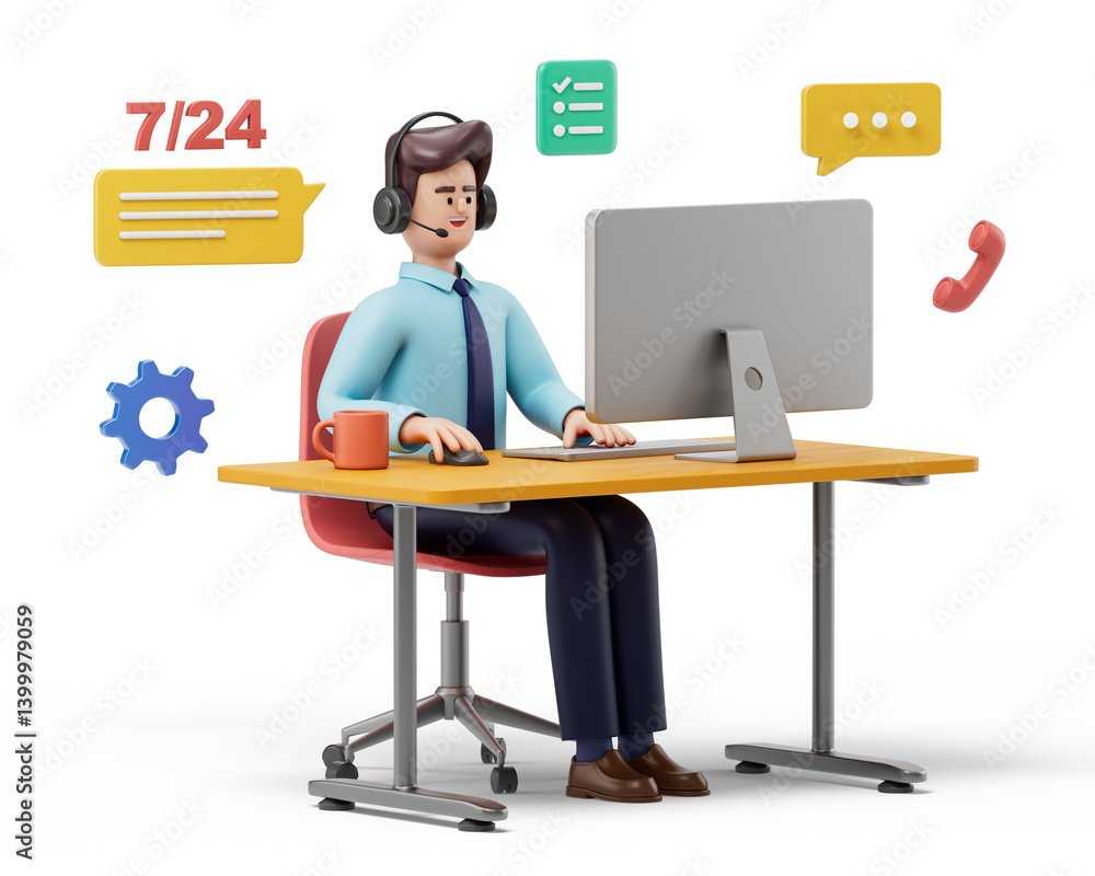 A man with headphones at a desk, working on a laptop, symbolizing customer support and communication. 3D rendering, conceptual image. Isolated on white background. A man with headphones at a desk, working on a laptop, symbolizing customer support and communication. 3D rendering, conceptual image. Isolated on white background.