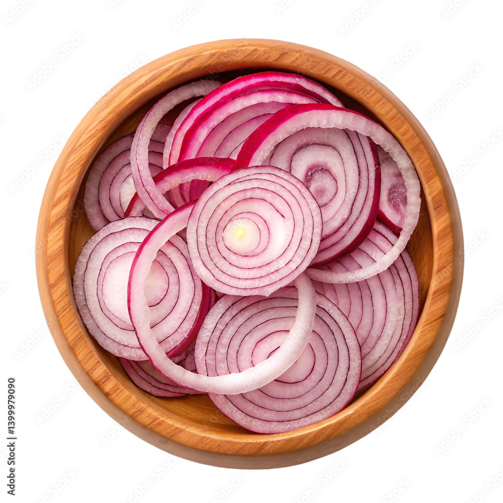 Red onion slices in a wooden bowl isolated on white background Red onion slices in a wooden bowl isolated on white background