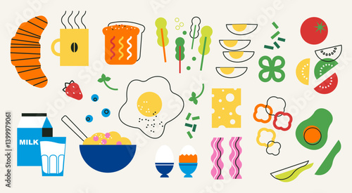 Abstract appetizing breakfast food collection. Minimal flat modern vector illustration with breakfast cereal, cup of coffee, croissant, green veggies, toast bread, egg and bacon on white background