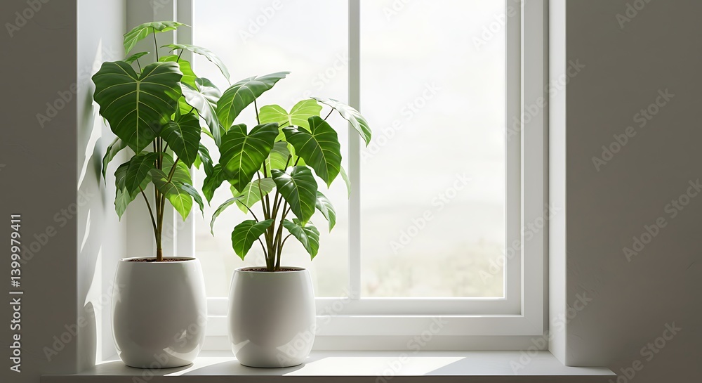 Fototapeta premium Sunlight Dappled: Two Plants in White Pots AI Generated