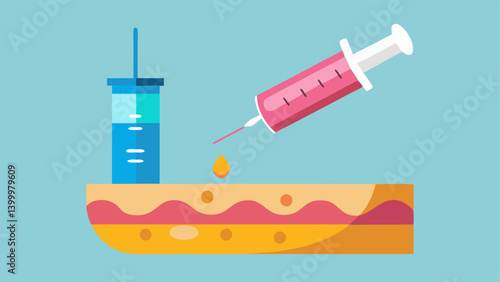 Stem Cell Infusion A vector graphic depicting a syringe injecting stem cells into damaged skin with visual effects representing healing and rejuvenation.