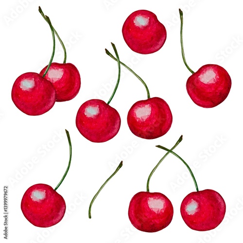 Set of illustrations with branches of juicy red cherries on a white background, made in watercolor technique. Bright and summery design.