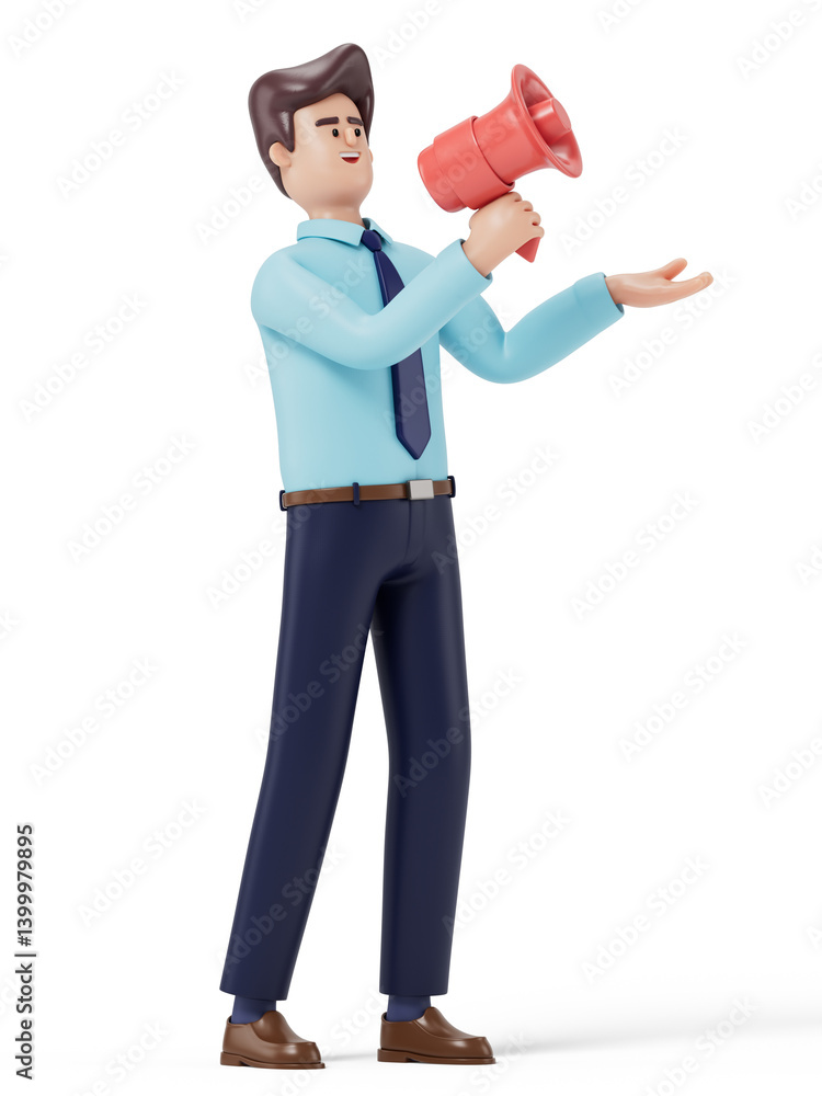 A man uses a megaphone, symbolizing making an important announcement or rallying a call to action. 3D rendering, conceptual image. Isolated on white background. A man uses a megaphone, symbolizing making an important announcement or rallying a call to action. 3D rendering, conceptual image. Isolated on white background.