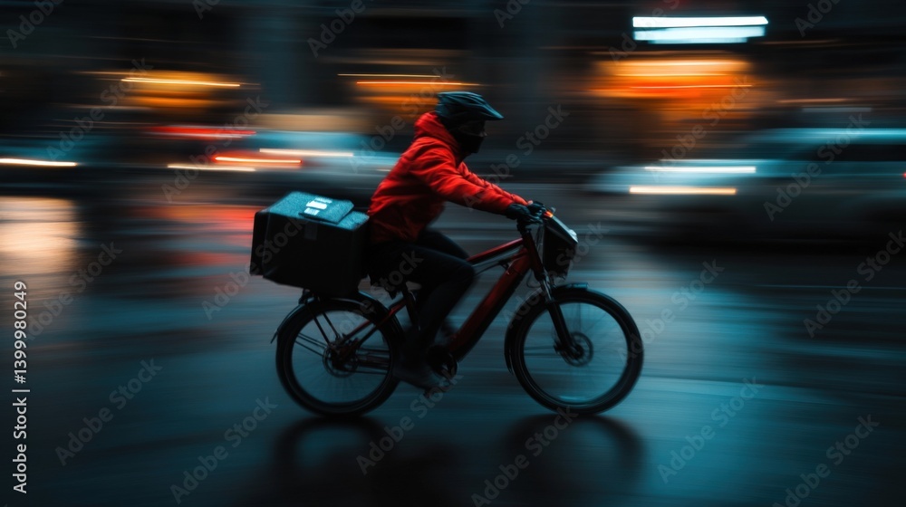 Fototapeta premium Courier riding an electric bike through urban streets at night showing fast-paced urban lifestyle.