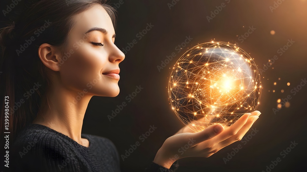 Naklejka premium Woman s Hands Gently Holding Glowing Digital World Network Connection Global Technology Concept