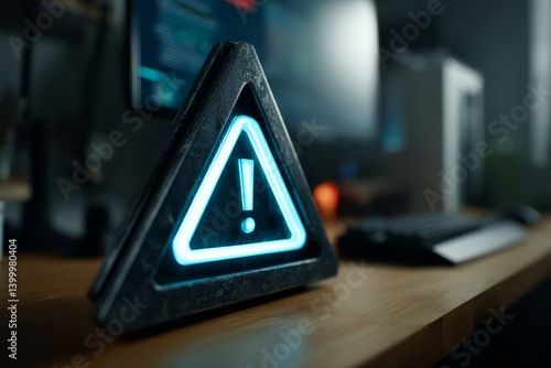 Obraz na płótnie Illuminated Warning Sign on Desk in Modern Office Setting with Technology Background w salonie