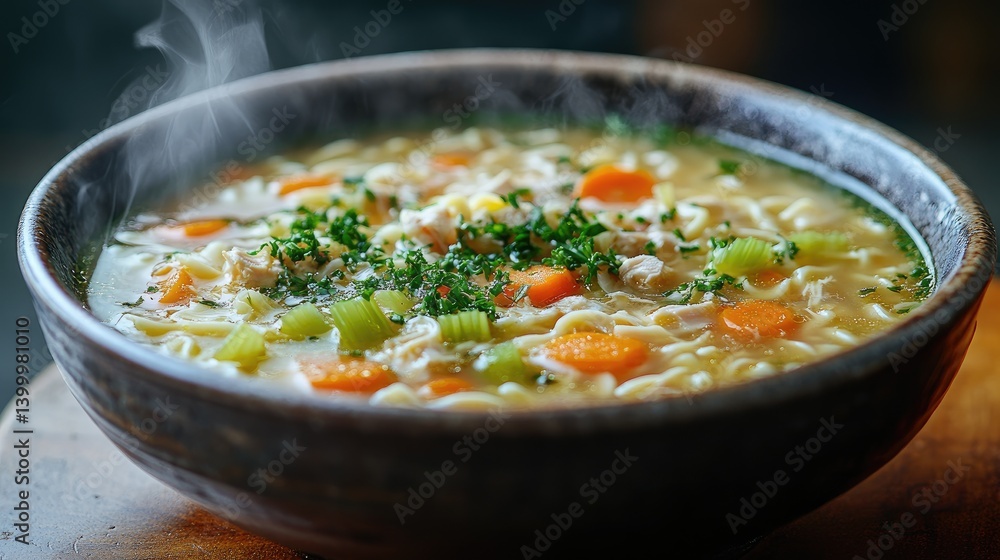 Hot Chicken Noodle Soup With Fresh Parsley. Comfort Food For Cold Weather. Hot Chicken Noodle Soup With Fresh Parsley. Comfort Food For Cold Weather.