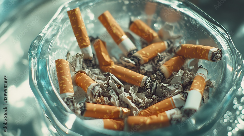 A close-up view of discarded cigarette butts in an ashtray. The remnants tell a story of habits and choices. A reflection on smoking culture and its impact. Generative AI A close-up view of discarded cigarette butts in an ashtray. The remnants tell a story of habits and choices. A reflection on smoking culture and its impact. Generative AI
