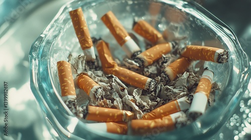 Obraz na płótnie A close-up view of discarded cigarette butts in an ashtray. The remnants tell a story of habits and choices. A reflection on smoking culture and its impact. Generative AI w salonie