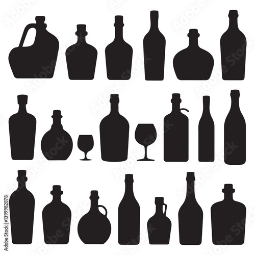Set of Vector Black silhouettes and white bottles of alcohol in different styles. with white