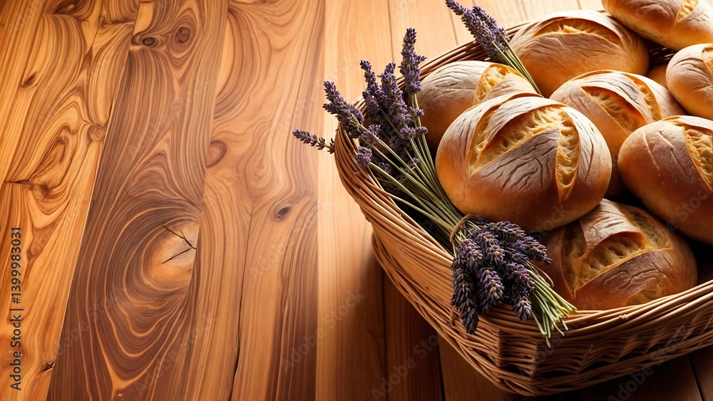 Freshly baked bread rolls with lavender on a wooden table