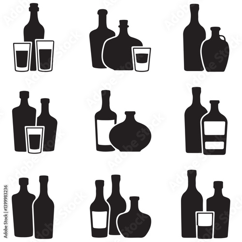 Set of Vector Black silhouettes and white bottles of alcohol in different styles. with white