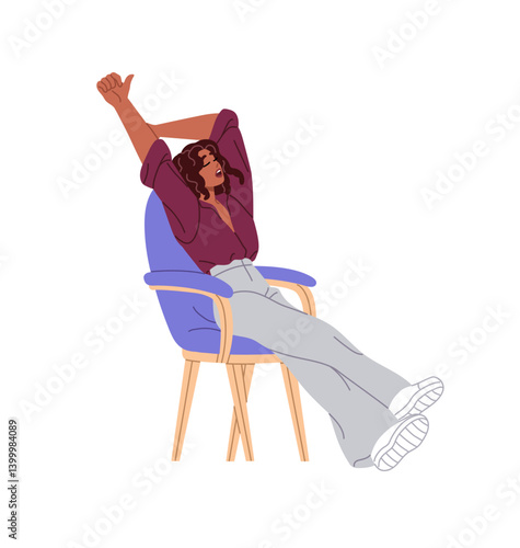 Tired businesswoman stretches in armchair. Employee with fatigue relaxes, has a rest on seat while break. Exhausted business woman yawns on chair. Flat isolated vector illustration on white background