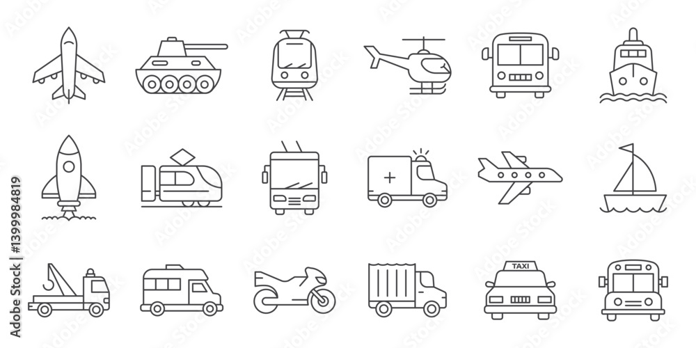 Transport icons set in line stroke flat style. Transportation vector illustration on isolated background. Vehicle sign business concept. Transport icons set in line stroke flat style. Transportation vector illustration on isolated background. Vehicle sign business concept.