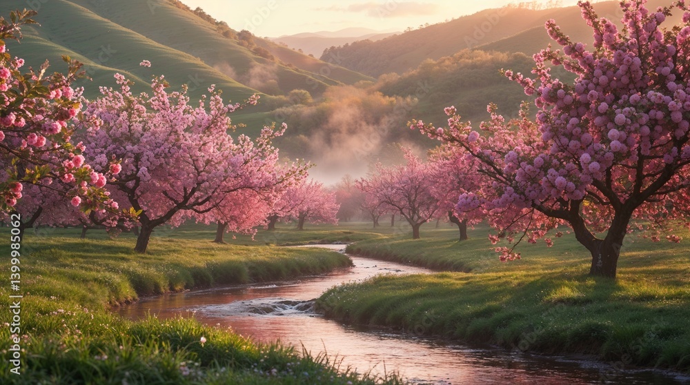 Beautiful blooming apple orchard with pink blossoms and gentle stream under soft morning light Beautiful blooming apple orchard with pink blossoms and gentle stream under soft morning light