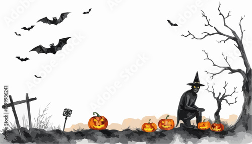 Spooky Halloween scene featuring pumpkins, a witch, and bats