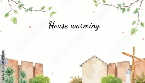 A beautifully decorated housewarming invitation card, with the words "House warming" written in the center. The card showcases a cozy, welcoming design